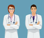 Big set of doctors different ethnicity and gender. African, Asian, European, Muslim male and female medical team people. Isolated vector illustration.